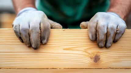 Close-up of Hands in Work Gloves Holding Wooden Plank on Construction Site