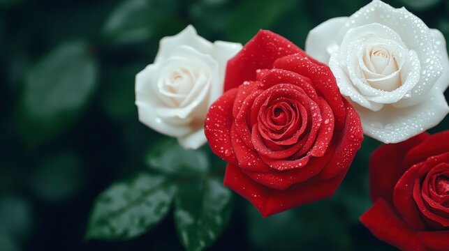 Vibrant red and white roses with dew drops against a lush green background