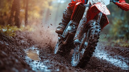 Motocross rider splashes through muddy trail during exhilarating outdoor adventure in forested area