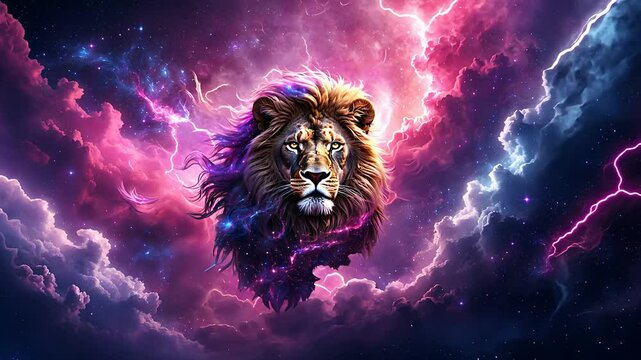Majestic lion head floating in vibrant cosmic clouds with glowing lightning bolts and a mystical atmosphere

