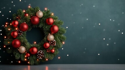 Festive Christmas Wreath with Red and Gold Ornaments on a Green Background