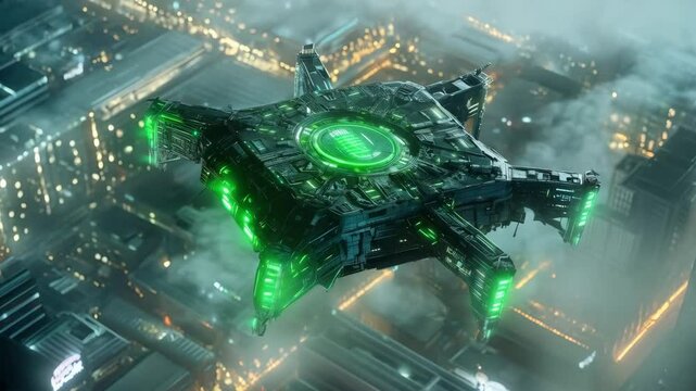 Futuristic alien spaceship hovering over cityscape with neon lights