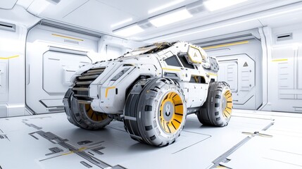 Futuristic exploration vehicle in a sleek white interior environment