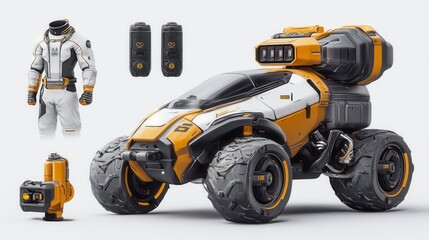 Futuristic Exploration Vehicle with Astronaut Suit and Equipment