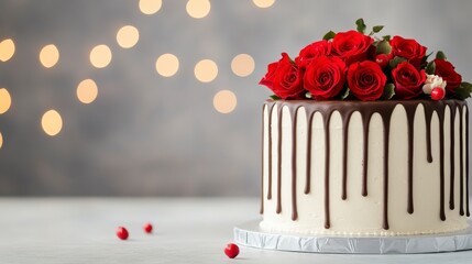Elegant chocolate drip cake adorned with red roses and festive bokeh background
