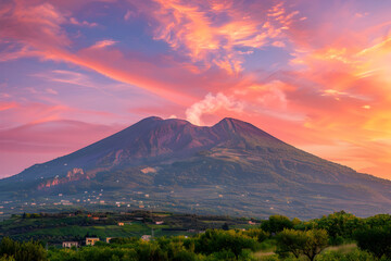 Naklejka premium Sunset Scene of Active Mount Vesuvius in Naples, Italy