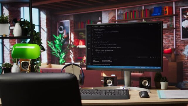 Coding interface shown on computer screen on desk in bright home office. Command lines written in code editor program UI on PC display in modern cozy home living room workspace