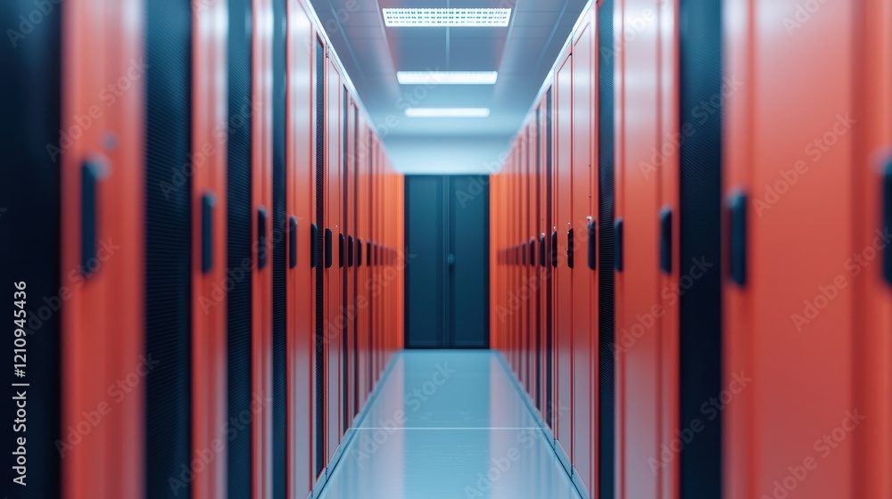 Poster modern data center corridor with red server racks and lights