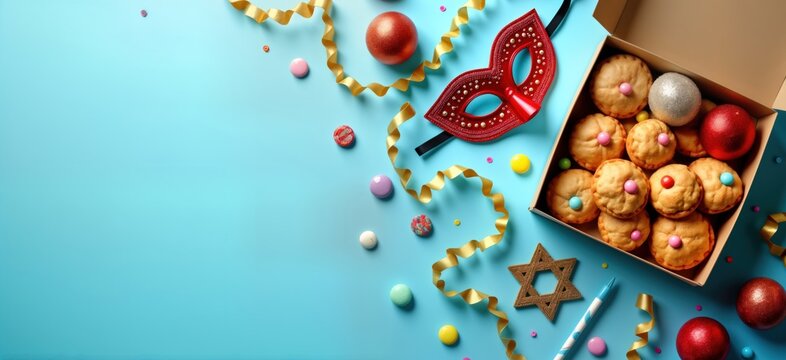 Purim celebration concept. Festive food Hamantaschen cookies, carnival mask, noisemakers, candies. Festive decorations on blue background. Perfect for greeting cards, invitations, websites related to