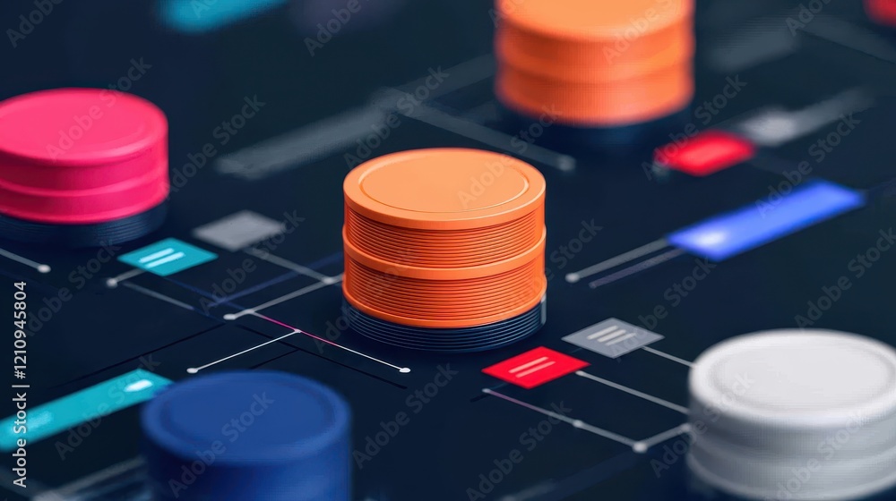 Poster colorful coin stacks with digital interface elements in focus