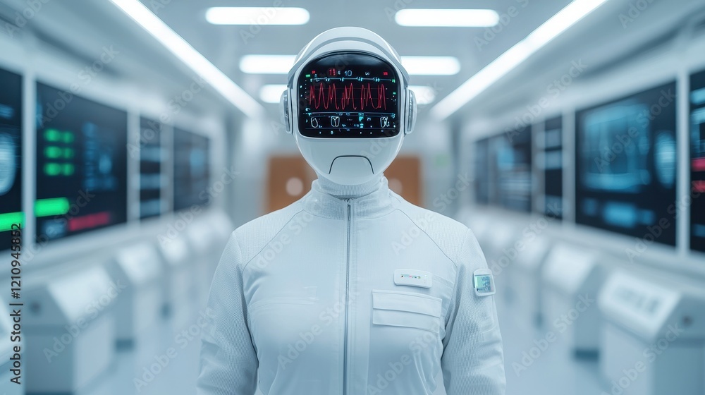 Poster futuristic robot with advanced technology in sci-fi laboratory scene