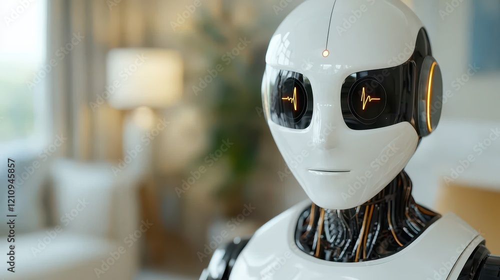 Poster futuristic robot with humanlike features and smart technology display
