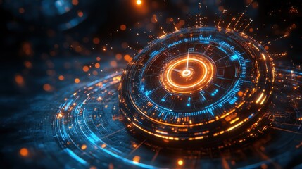 Fototapeta premium Futuristic circular interface with glowing orange and blue elements, surrounded by a dynamic digital background