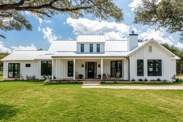 Fototapeta premium Modern farmhouse with a white exterior and large windows situated in a lush green landscape under a bright blue sky during daytime