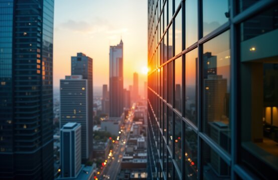 Modern city skyline at sunset. Skyscrapers dominate urban landscape. Dynamic interplay of architecture, business life. City view from high building. Sun sets behind buildings, reflects in windows. - Powered by Adobe