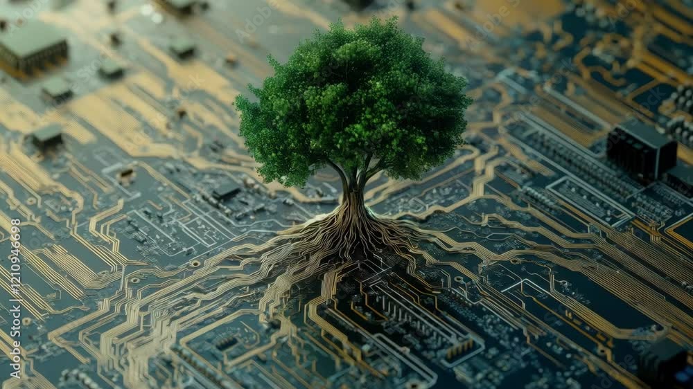 Poster emerging tree with circuit roots illustrating nature and technology integration
