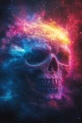 Cosmic Skull Nebula: A vibrant digital illustration of a skull engulfed in a colorful nebula, creating a surreal and cosmic scene.