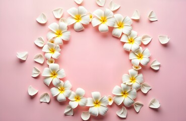 Obraz premium Delicate white flowers arranged in circular frame on pastel pink background. Minimalist design perfect for spring summer theme. Floral pattern creates beautiful, romantic aesthetic for various uses.