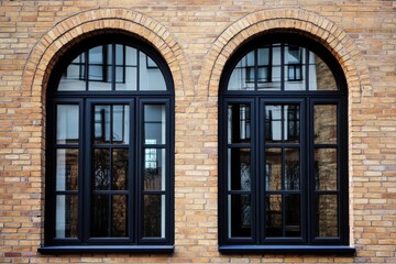 Obraz premium Two beautifully designed arched windows, framed in sleek black, adorn a charming vintage brick wall, capturing and reflecting the surroundings in warm natural light