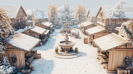 Snowy village market square, winter wonderland, festive atmosphere, holiday background, ideal for greeting cards