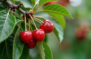 Ripe red cherries hang from branch of cherry tree. Rich green leaves surround fruits. Close-up photo shows details of cherry fruit, leaves. Fresh juicy cherries hanging on tree branch. Vibrant colors