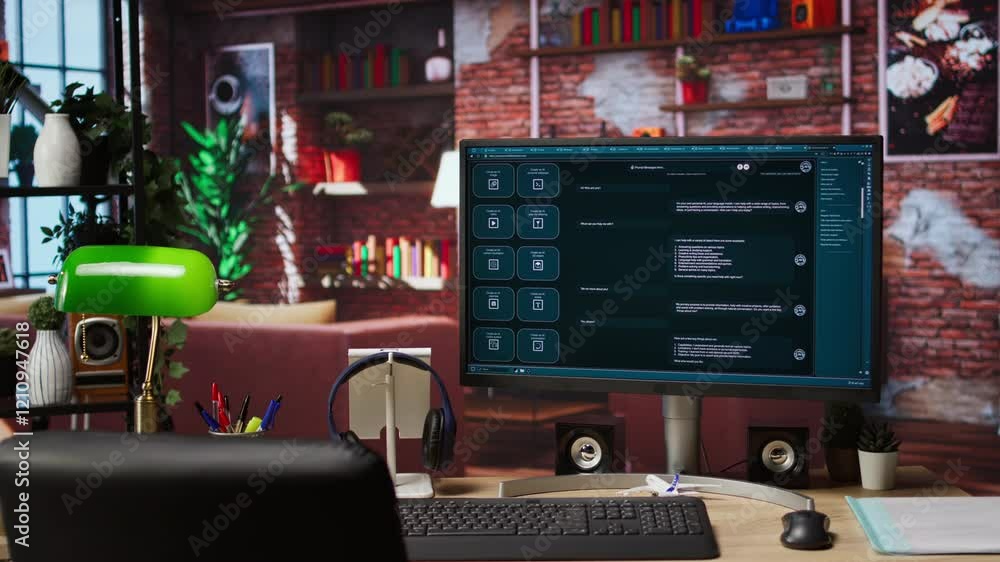 Poster Focus on AI LLM chatbot GPT software on PC monitor in modern home office. Jib down shot of large language model application on computer display communicating with user through artificial intelligence