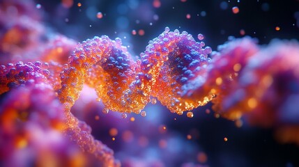 A close-up shot of DNA strands, each base pair illuminating as they sequence the genetic code during replication. 353