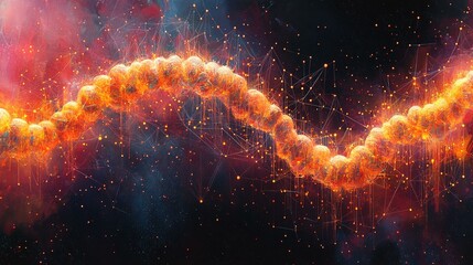 A depiction of a DNA strand intertwined with glowing strands of genetic code, representing the mapping of human evolution. 380