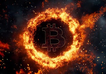 Round shaped bitcoin logo in fire
