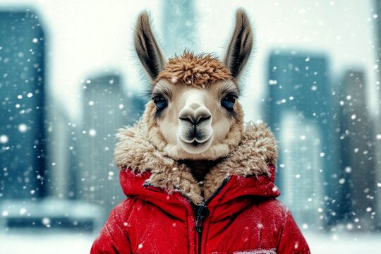 Problem of animal suffering. Social commercial - animal care. Sad cute baby animal llama in winter warm clothes, visible breath from nose and mouth in frosty breeze. Winter animal hikes.