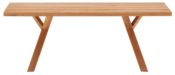 slanted wooden table with a straight front and crossed wooden legs cut out isolated transparent background