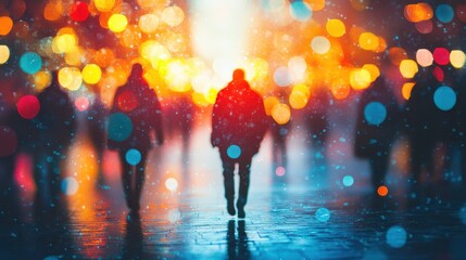 vibrant city festival with cheerful visitors, colorful tents, double exposure silhouette with social icons