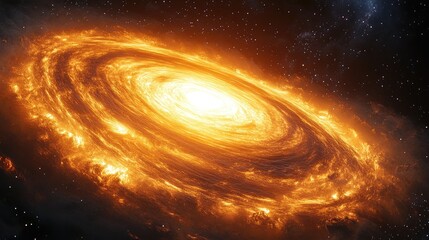 Fiery Spiral Galaxy in Deep Space: A Cosmic Tapestry of Orange and Yellow Hues