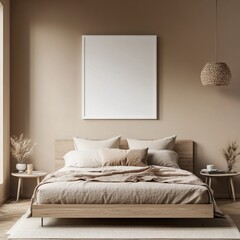 Minimalist bedroom with beige tones, wooden bed, and empty frame mockup.