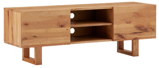 Wooden TV cabinet with square wooden legs in front cut out isolated transparent background