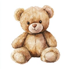 Obraz premium A charming stuffed bear created with watercolor techniques showcases soft, detailed textures against a pure white background, inviting warmth and nostalgia