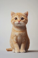 Adorable ginger kitten sitting on light grey background.