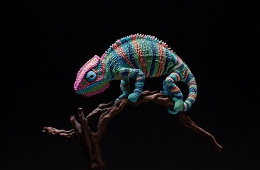 Obraz premium Vibrant chameleon perched on a dark branch against a black background.