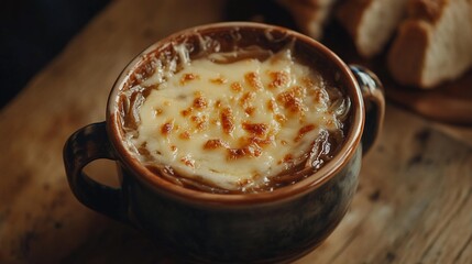 Close-up of French onion soup in a rustic bowl, topped with melted cheese and served with bread.