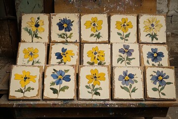 Fototapeta premium Hand-painted floral tiles displayed on wooden surface, workshop background