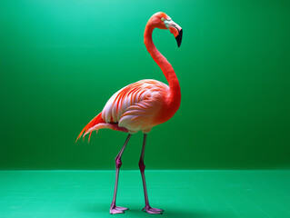 A Pink Flamingo Stands on Green Background