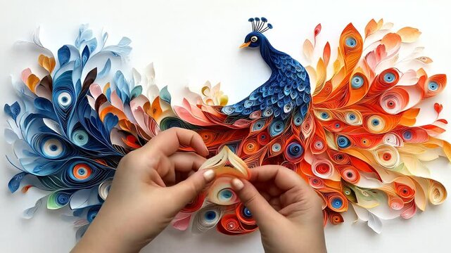 A vibrant paper quilling artwork of a peacock with colorful feathers.