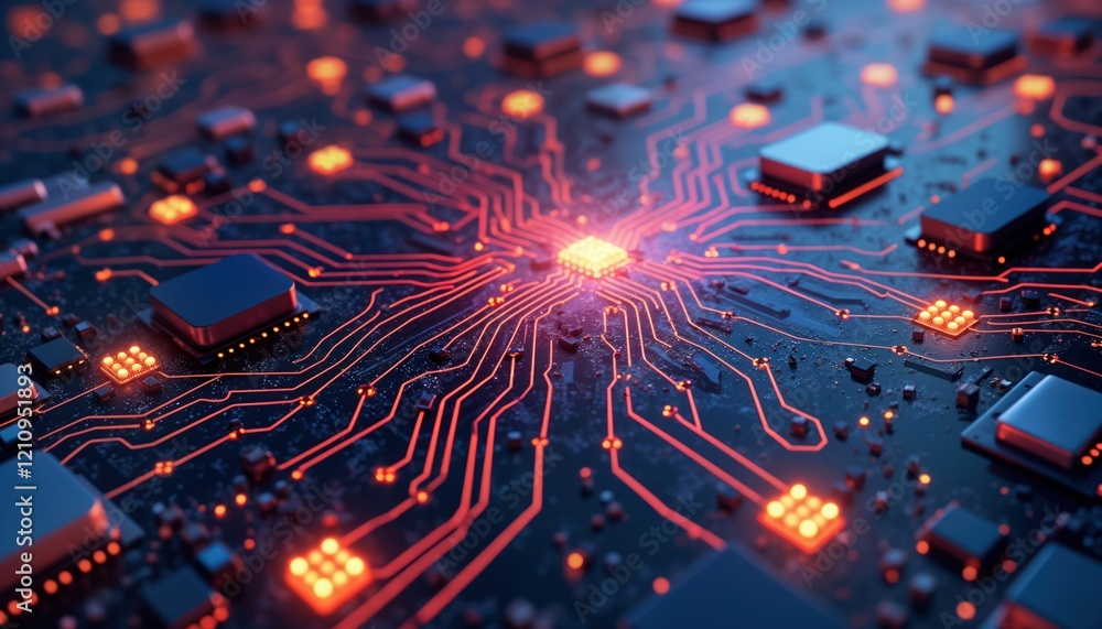 Poster advanced tech circuit board with glowing components. digital network design. future innovation in co
