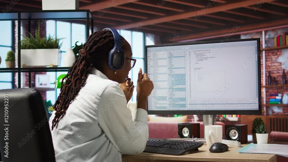 Poster jolly engineer in home office working on computer, dancing at desk in celebration after successfully