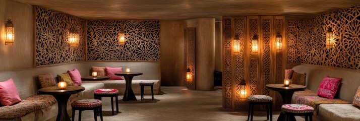 Luxurious lounge, Moroccan decor, intimate setting, soft lighting