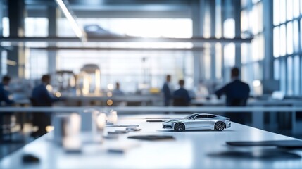 Obraz premium A silver car model on a desk in a modern office, with blurred background of people working.