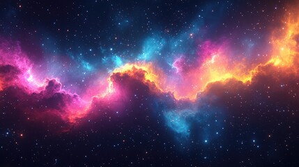 A vibrant nebula swirls with hues of pink, orange, and blue, creating a cosmic dreamscape filled with glittering stars.