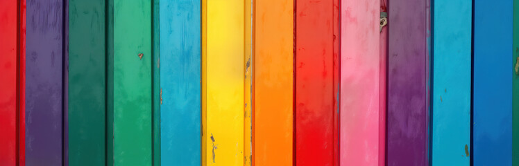 Colorful wooden planks form rainbow background for LGBT pride celebration. Wooden wall with rainbow colors. Vibrant, symbolic design promotes diversity, equality. Joyful, cheerful colors create