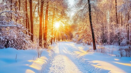 Obraz premium Serene Winter Path Blanketed in Snow with Sunlight Piercing Through Trees Illuminating a Tranquil Scene in a Beautiful Forest Landscape