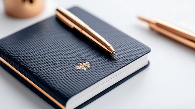 Close-up of a navy leather notebook with a gold pen resting on it, and another gold pen beside it.